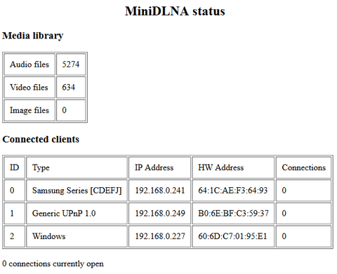 minidlna Status Screen